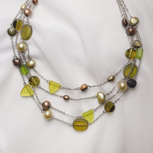 Unbranded Jewelry - Olive Green Brown Natural Pearl Glass Beaded Silver Chain Layered Necklace